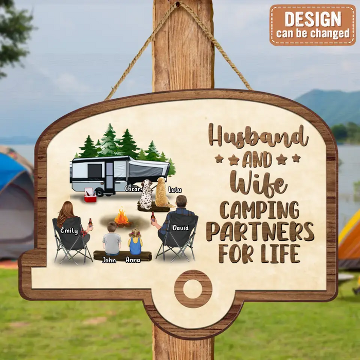 Personalized Camping Wooden Sign - Up to 2 Children & 3 Pets -  Gift Idea For Camping Lovers - Husband And Wife Camping Partners For Life