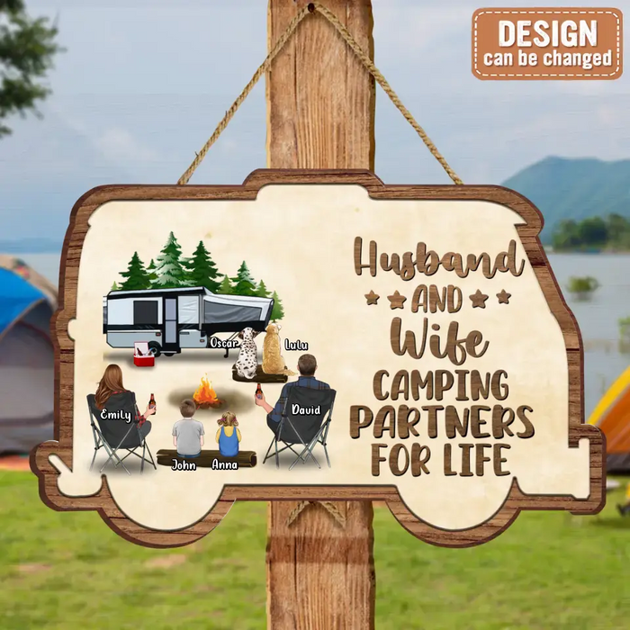 Personalized Camping Wooden Sign - Up to 2 Children & 3 Pets -  Gift Idea For Camping Lovers - Husband And Wife Camping Partners For Life