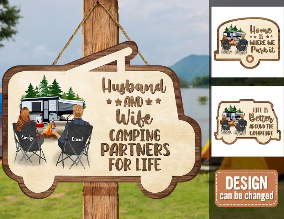 Personalized Camping Wooden Sign - Up to 2 Children & 3 Pets -  Gift Idea For Camping Lovers - Husband And Wife Camping Partners For Life