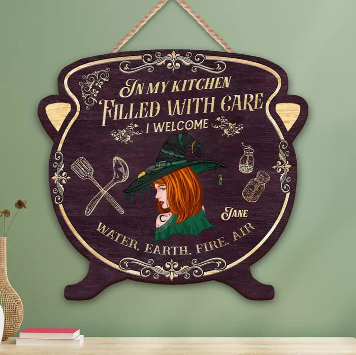 Personalized Kitchen Witchery Wooden Sign - Gift Idea For Witch Lover/Kitchen Decoration - In My Kitchen Filled With Care I Welcome Water Earth Fire Air