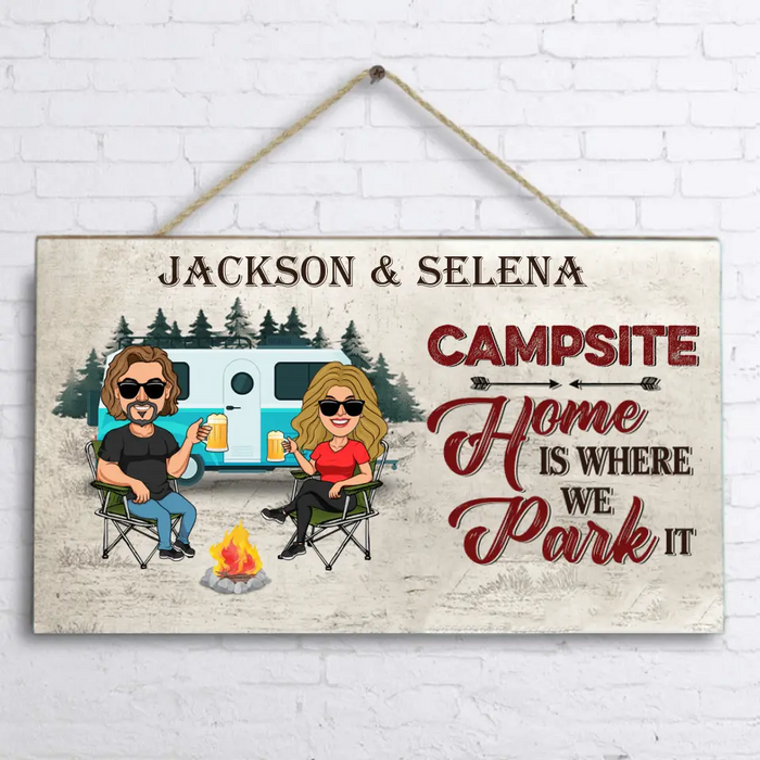 Personalized Camping Couple Rectangle Wooden Sign - Couple With Up to 4 Dogs - Gift Idea For Couple/Camping Lover - Home Is Where We Park It