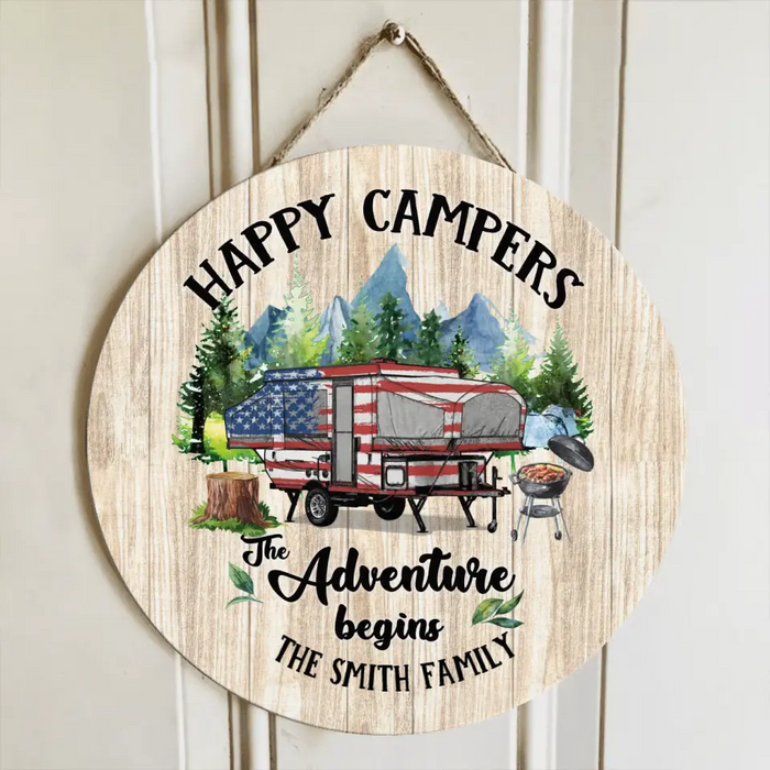 Personalized Camper Circle Door Sign - Gift Idea For Camping Lovers/Family - Happy Campers The Adventure Begins