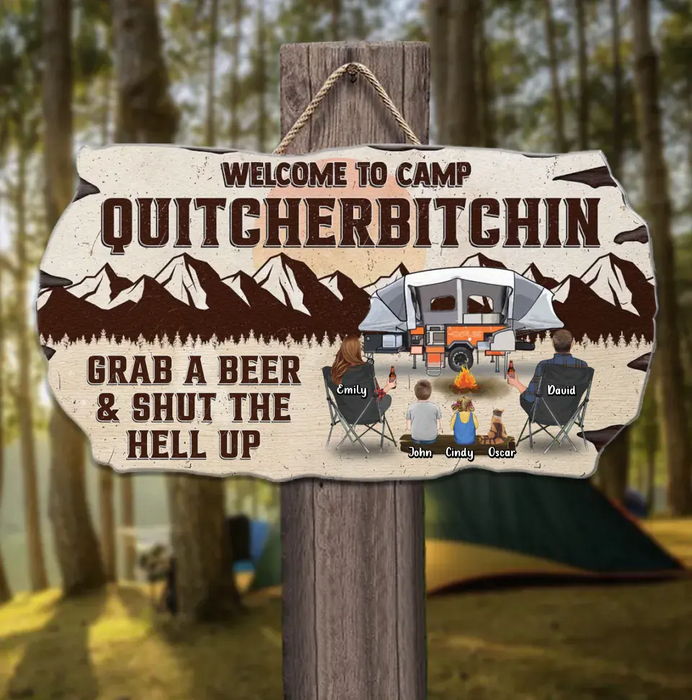 Personalized Camping Wooden Sign - Gift Idea For Couple/Family/Camping Lovers - Couple With Up to 2 Children And 3 Pets - Welcome To Camp Quitcherbitchin