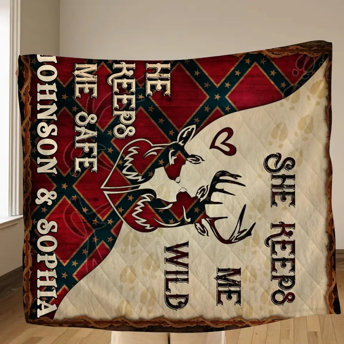 Personalized Couple Quilt/Fleece Throw Blanket - Gift Idea For Couple/Husband/Wife/Valentine's Day - He Keeps Me Safe