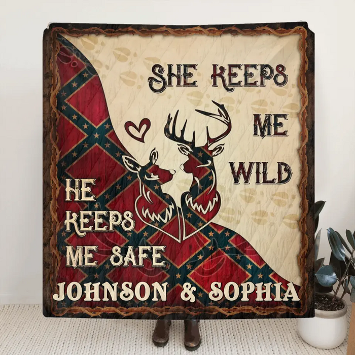 Personalized Couple Quilt/Fleece Throw Blanket - Gift Idea For Couple/Husband/Wife/Valentine's Day - He Keeps Me Safe