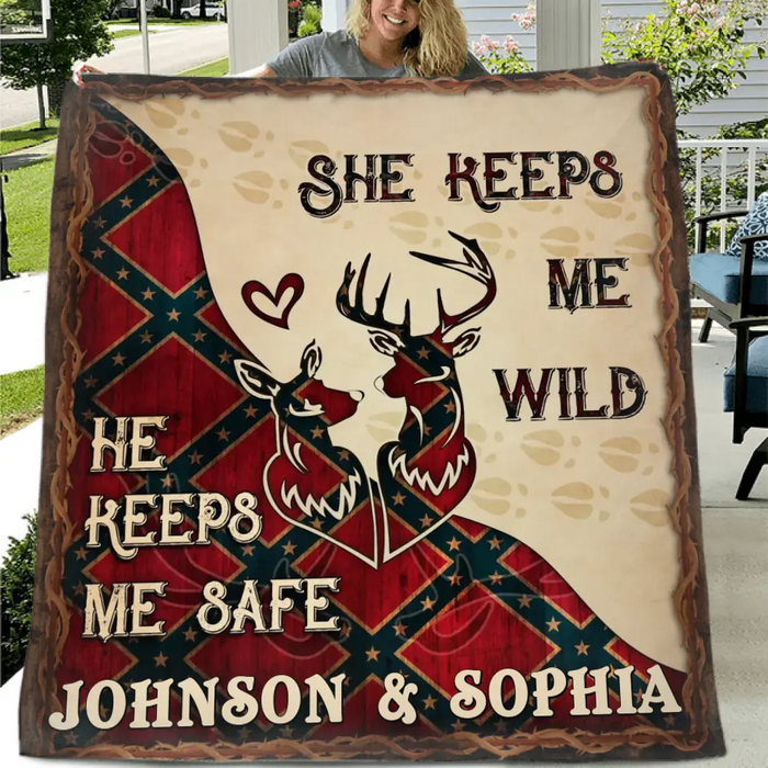 Personalized Couple Quilt/Fleece Throw Blanket - Gift Idea For Couple/Husband/Wife/Valentine's Day - He Keeps Me Safe
