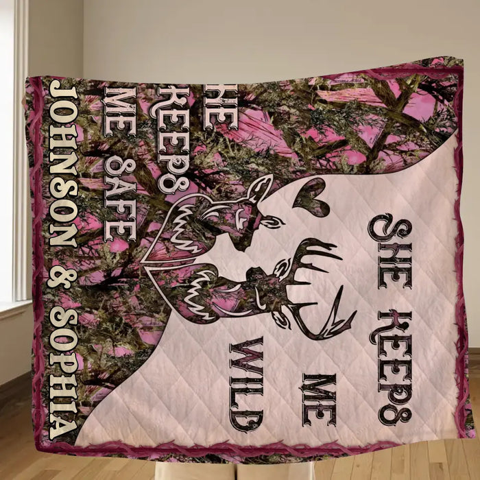 Personalized Couple Quilt/Fleece Throw Blanket - Gift Idea For Couple/Husband/Wife/Valentine's Day - She Keeps Me Wild