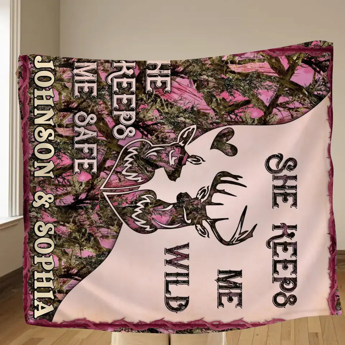 Personalized Couple Quilt/Fleece Throw Blanket - Gift Idea For Couple/Husband/Wife/Valentine's Day - She Keeps Me Wild