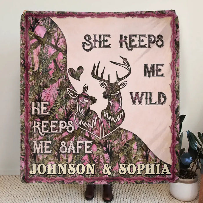 Personalized Couple Quilt/Fleece Throw Blanket - Gift Idea For Couple/Husband/Wife/Valentine's Day - She Keeps Me Wild