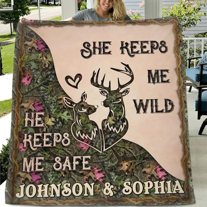 Personalized Couple Fleece Throw Blanket & Quilt - Valentine's Day Gift Idea For Couple/Him & Her - She Keeps Me Wild