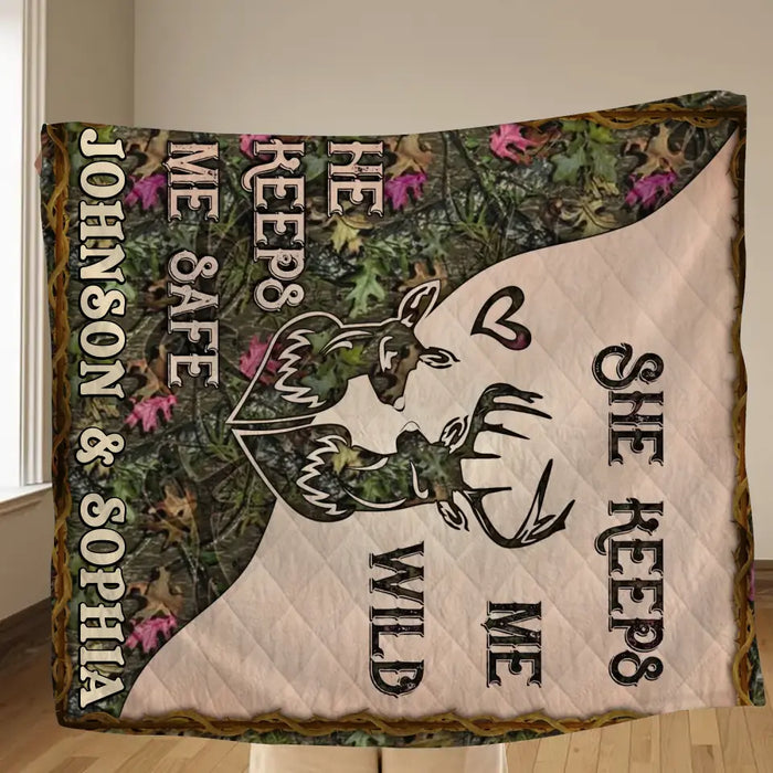 Personalized Couple Fleece Throw Blanket & Quilt - Valentine's Day Gift Idea For Couple/Him & Her - She Keeps Me Wild