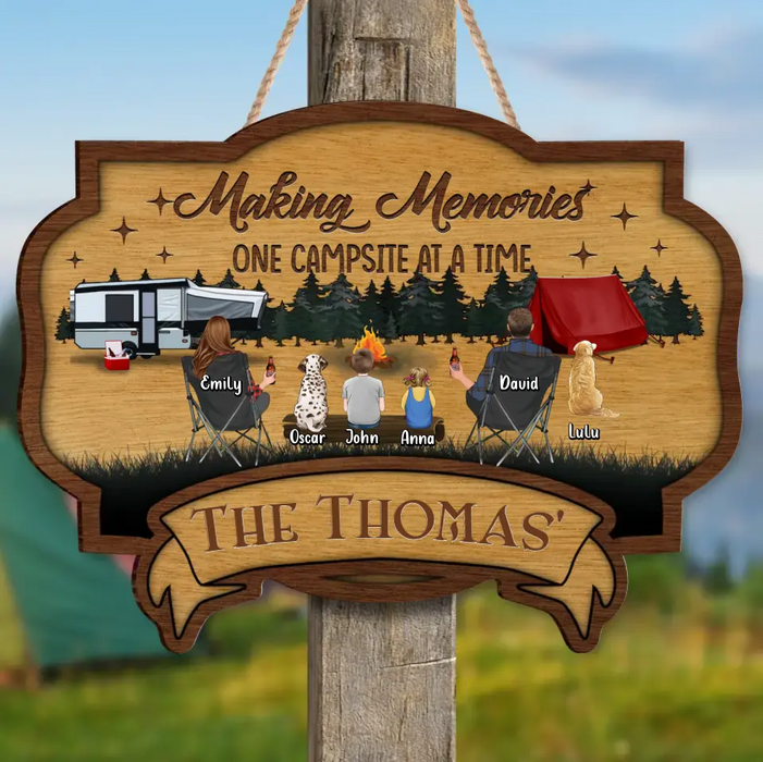 Personalized Camping Wooden Sign - Couple/Parents with Up to 2 Children & 3 Pets - Gift Idea For Camping Lovers - Making Memories One Campsite At A Time