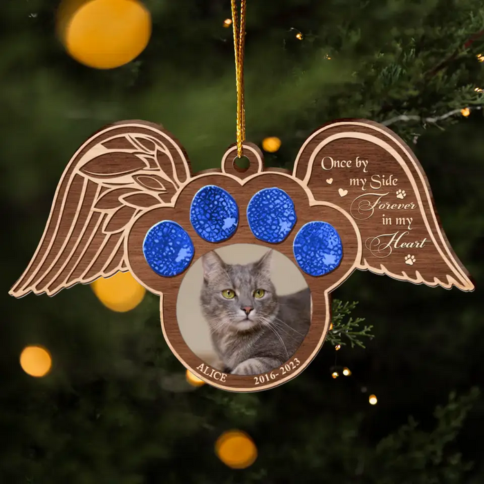 Personalized Memorial Paw Wings Wooden Ornament - Memorial Gift Idea For Pet Lover - Upload Photo - Once By My Side Forever In My Heart