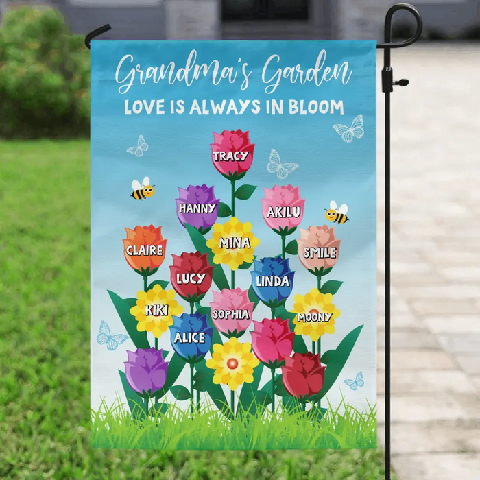 Personalized Grandma's Garden Flag Sign - Gift Idea For Grandma Lovers - Up to 12 Kids - Love Is Always In Bloom