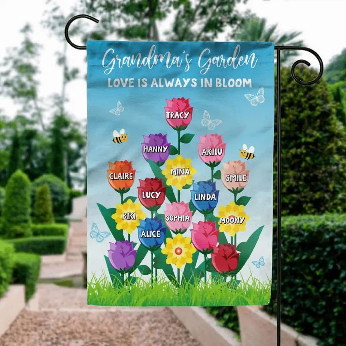 Personalized Grandma's Garden Flag Sign - Gift Idea For Grandma Lovers - Up to 12 Kids - Love Is Always In Bloom