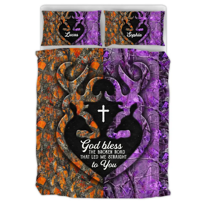 Personalized Camo Pattern Deer Couple Quilt Bed Sets - Gift Idea For Couple/Husband/Wife/Valentine's Day - God Bless The Broken Road That Led Me Straight To You