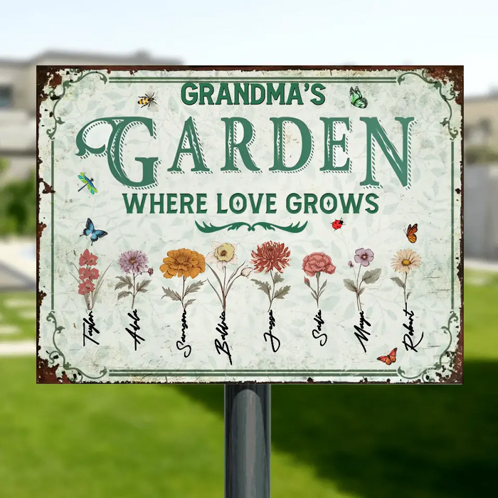 Personalized Grandma's Garden Metal Sign - Mother's Day Gift Idea For Grandma/Mother - Up to 8 Kids - Where Love Grows