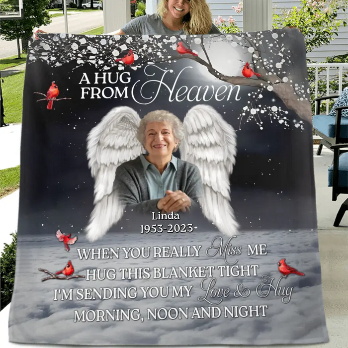 Personalized Memorial Quilt/Fleece Throw Blanket - Upload Photo - Memorial Gift Idea For Family Member - When You Really Miss Me Hug This Blanket Tight