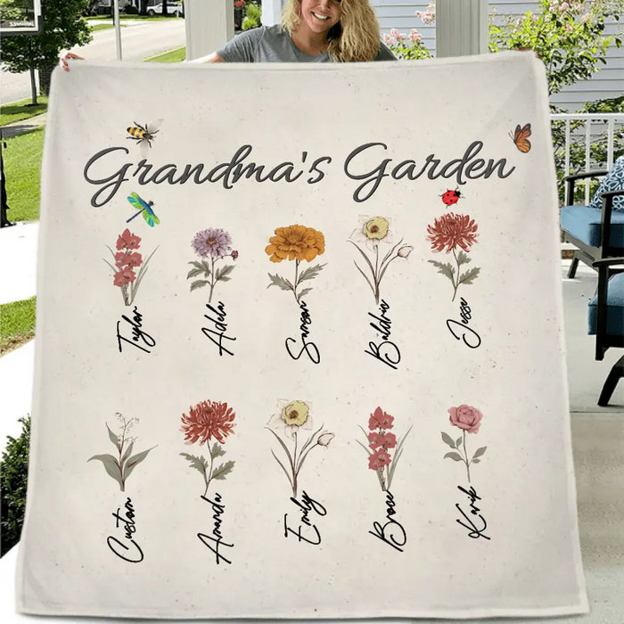 Personalized Grandma's Garden Fleece Throw Blanket/Quilt - Mother's Day Gift Idea For Grandma/Mother - Up to 10 Kids