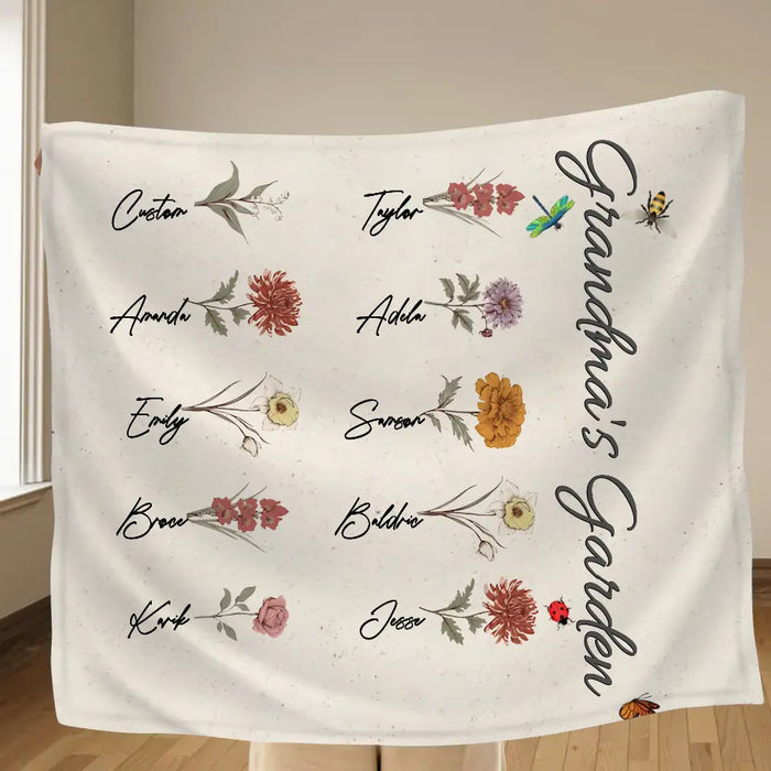Personalized Grandma's Garden Fleece Throw Blanket/Quilt - Mother's Day Gift Idea For Grandma/Mother - Up to 10 Kids