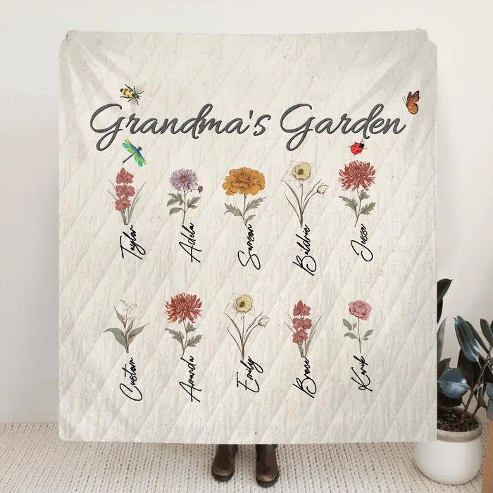 Personalized Grandma's Garden Fleece Throw Blanket/Quilt - Mother's Day Gift Idea For Grandma/Mother - Up to 10 Kids