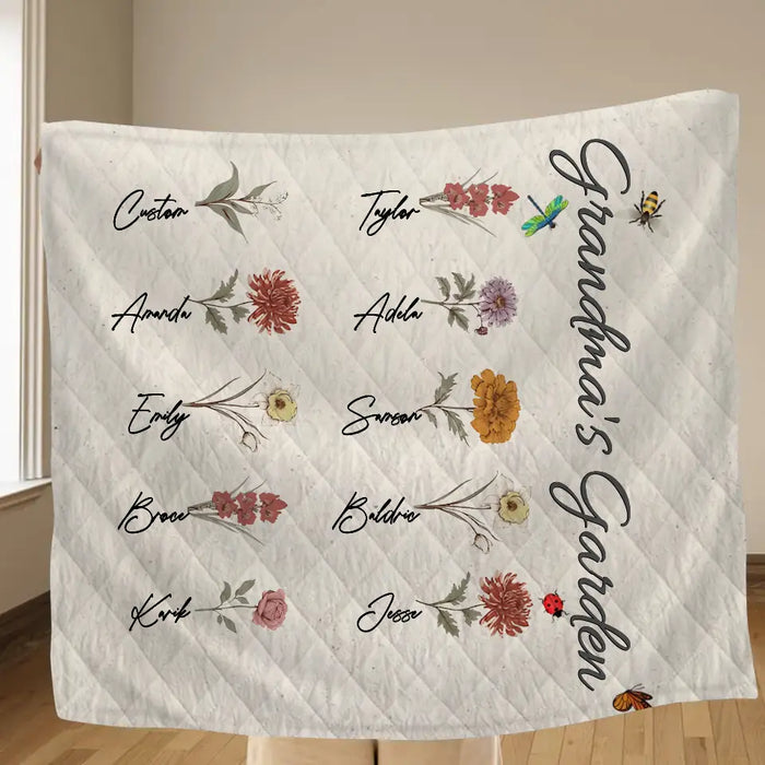 Personalized Grandma's Garden Fleece Throw Blanket/Quilt - Mother's Day Gift Idea For Grandma/Mother - Up to 10 Kids