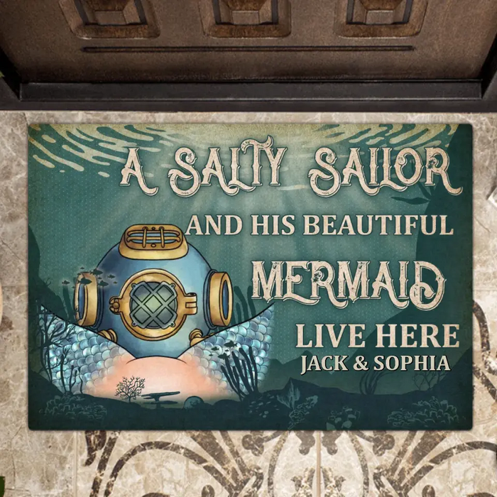Personalized Funny Doormat - Gift Idea For Couple/Him/Her/Valentine's Day - A Salty Sailor And His Beautiful Mermaid Live Here