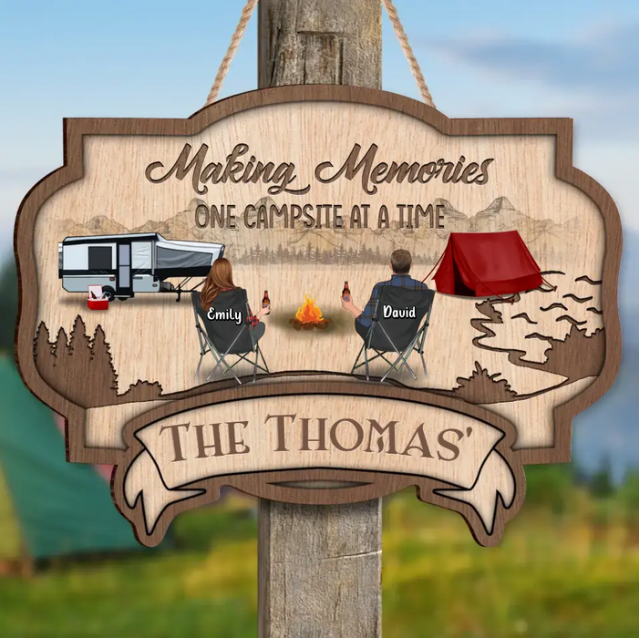 Personalized Camping Wooden Sign - Couple/Parents with Up to 2 Children & 3 Pets - Christmas Gift Idea For Camping Lovers/Couple/Family - Making Memories One Campsite At A Time