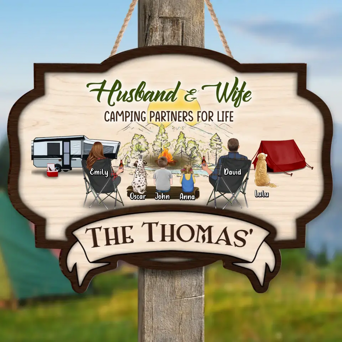 Personalized Camping Wooden Sign - Couple/Parents with Up to 2 Children & 3 Pets -  Camping Lovers Gift Idea - Husband & Wife Camping Partners For Life