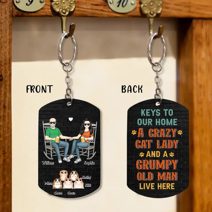 Personalized Couple Aluminum Keychain - Gift Idea For Couple/Cat Lovers - Up to 5 Cats - A Crazy Cat Lady And A Grumpy Old Man Live Here
