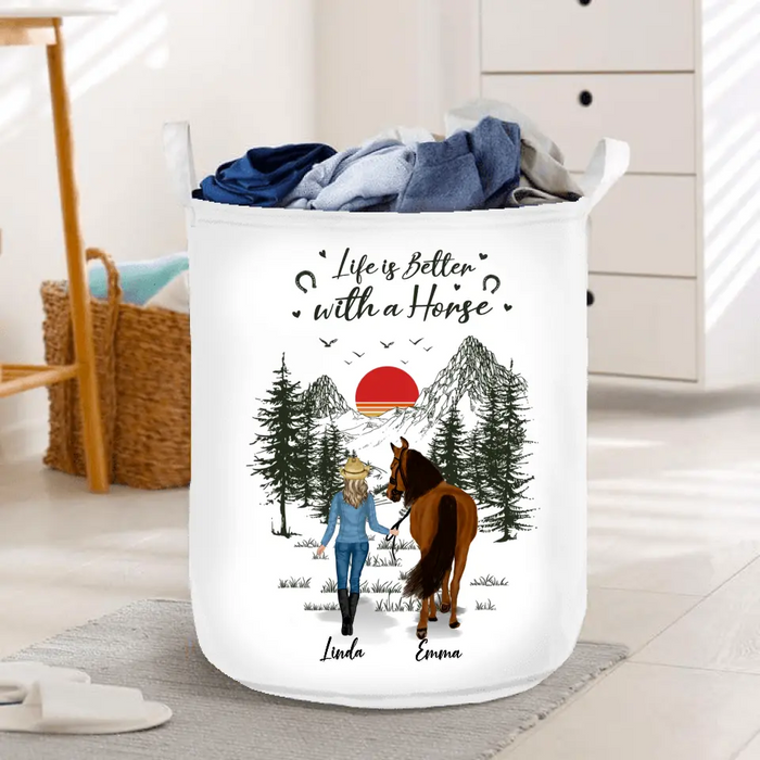 Personalized Horse Girl Laundry Basket - Gift For Horse Lover - Up to 4 Horses - Life Is Better With A Horse