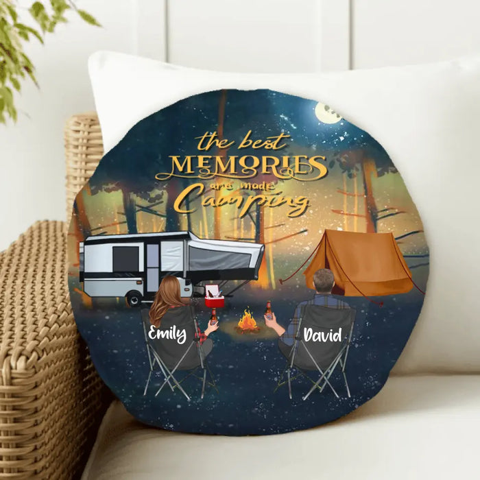 Personalized Night Camping Round Pillow - Couple/Parents With Up to 3 Kids And 4 Pets - Best Gift For Camping Lover - The Best Memories Are Made Camping