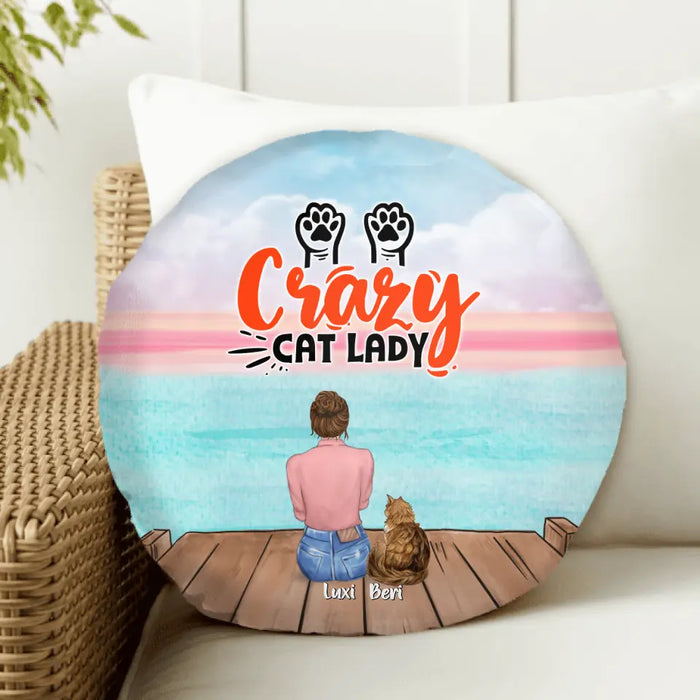 Personalized Cat Mom Round Pillow - Up to 5 Cats - Gift Idea For Cat Lover - Crazy Cat Lady