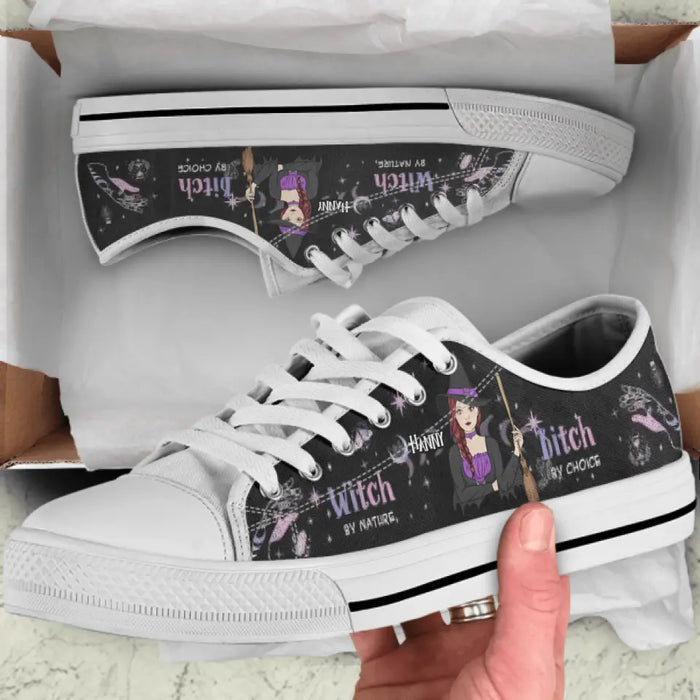 Personalized Witch Canvas Low Top Sneakers - Gift for Halloween - Witch by nature Bitch by choice Sneaker