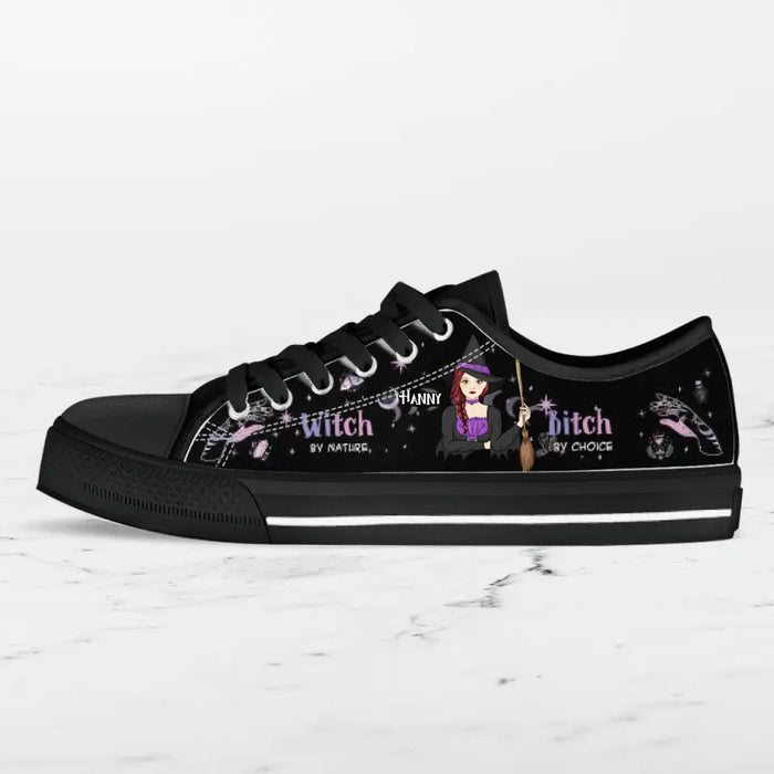 Personalized Witch Canvas Low Top Sneakers - Gift for Halloween - Witch by nature Bitch by choice Sneaker