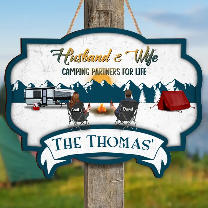 Personalized Camping Wooden Sign - Couple With Up to 2 Children & 3 Pets -  Camping Lovers Gift Idea - Husband & Wife Camping Partners For Life