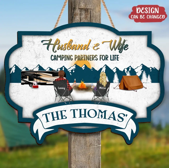 Personalized Camping Wooden Sign - Couple With Up to 2 Children & 3 Pets -  Camping Lovers Gift Idea - Husband & Wife Camping Partners For Life