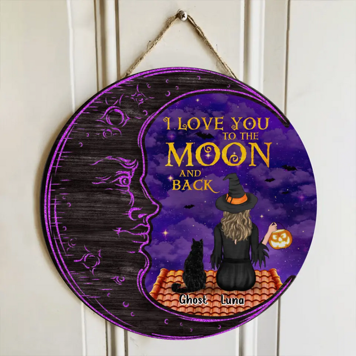 Personalized Cat Witch Double Layer Round Sign - Gift Idea For Halloween/Cat Lover - Up to 4 Cats - I Love You To The Moon And Back
