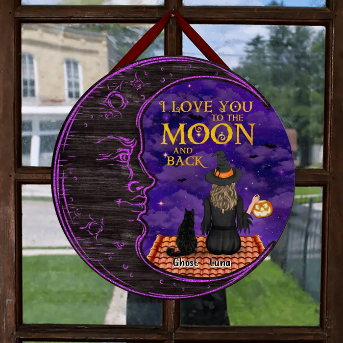 Personalized Cat Witch Double Layer Round Sign - Gift Idea For Halloween/Cat Lover - Up to 4 Cats - I Love You To The Moon And Back