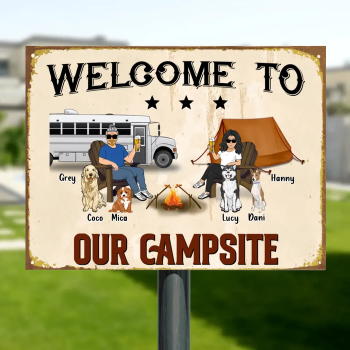 Personalized Couple Camping Metal Sign - Couple With Up to 4 Pets - Gift Idea For Camping/Dog/Cat Lover - Welcome To Our Campsite