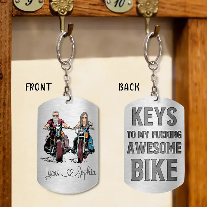Personalized Riding Couple Aluminum Keychain - Gift Idea For Couple/Her/Him - Keys To My Awesome Bike