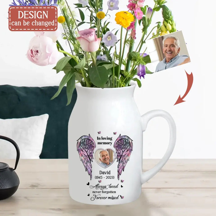 Personalized Memorial Heart Wings Ceramic Flower Vase - Upload Photo - Memorial Gift Idea For Family Member - Always Loved Never Forgotten Forever Missed