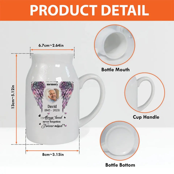 Personalized Memorial Heart Wings Ceramic Flower Vase - Upload Photo - Memorial Gift Idea For Family Member - Always Loved Never Forgotten Forever Missed
