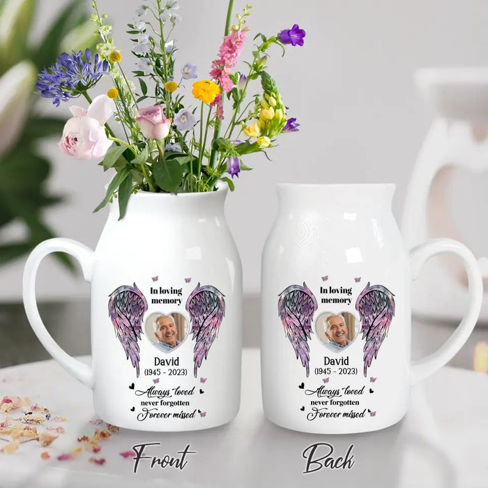 Personalized Memorial Heart Wings Ceramic Flower Vase - Upload Photo - Memorial Gift Idea For Family Member - Always Loved Never Forgotten Forever Missed