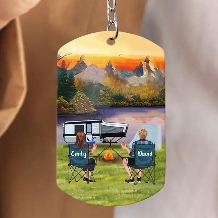 Personalized Camping Aluminum Keychain - Adult/Couple with Up to 2 Dogs/Cats - Gift Idea for Camping/Dog/Cat Lovers - Husband And Wife Camping Partners For Life
