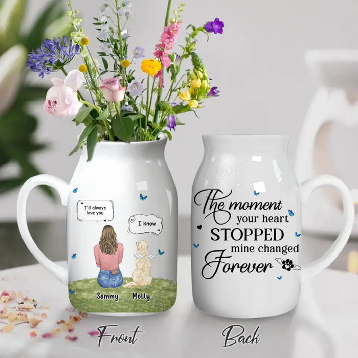 Personalized Memorial Pet Ceramic Flower Vase - Couple With Up to 2 Kids And 4 Pets - Memorial Gift Idea For Pet Lover - The Moment Your Heart Stopped Mine Changed Forever