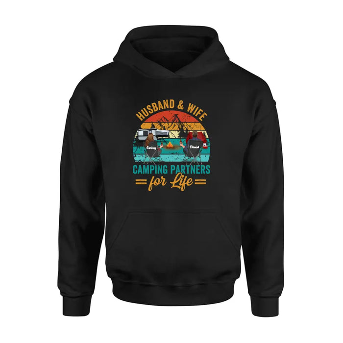 Personalized Camping Shirt/Hoodie - Couple With Up to 2 Children & 3 Pets - Camping Lovers Gift Idea - Husband & Wife Camping Partners For Life