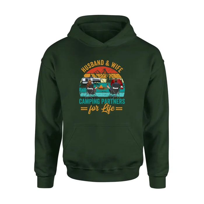 Personalized Camping Shirt/Hoodie - Couple With Up to 2 Children & 3 Pets - Camping Lovers Gift Idea - Husband & Wife Camping Partners For Life