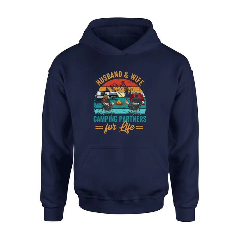 Personalized Camping Shirt/Hoodie - Couple With Up to 2 Children & 3 Pets - Camping Lovers Gift Idea - Husband & Wife Camping Partners For Life