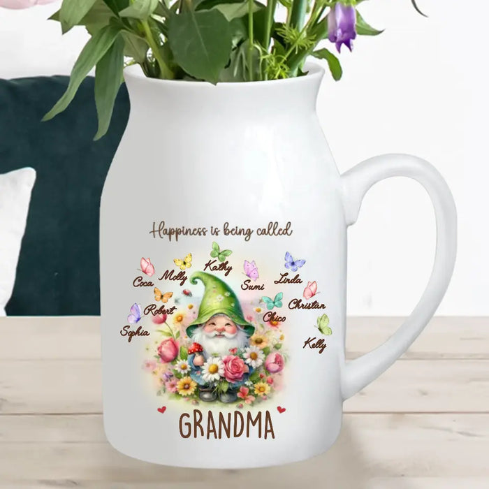 Personalized Grandma Mom Gnome Foldable Ceramic Flower Vase - Best Gift Idea For Grandma/Mother's Day - Up to 10 Kids - Happiness Is Being Called Grandma